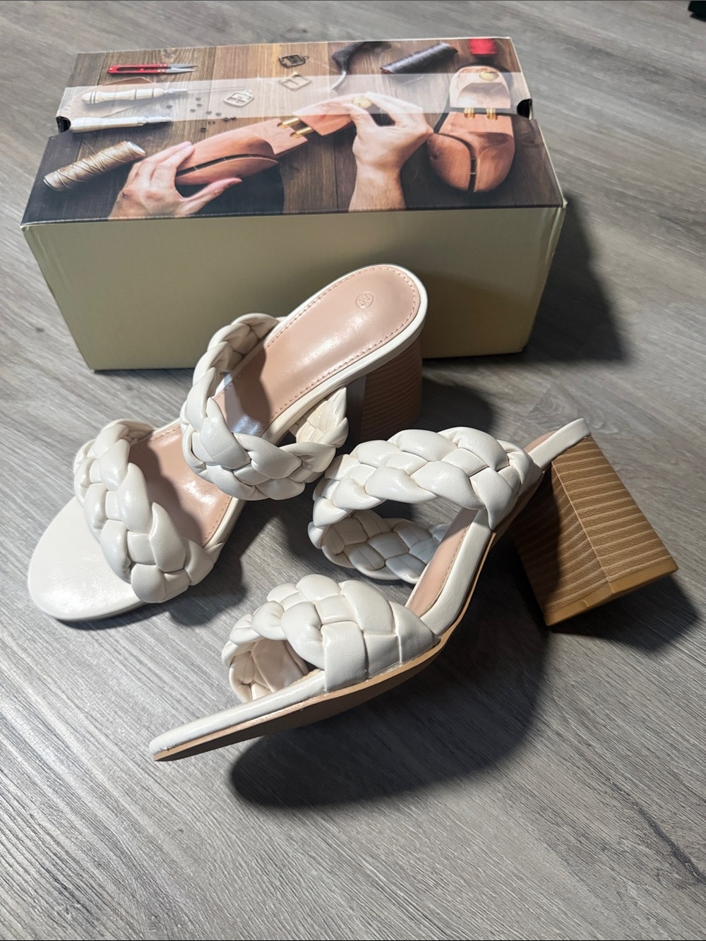 Women's Cream Braided Block Heel Sandals - Elegant Summer Mule